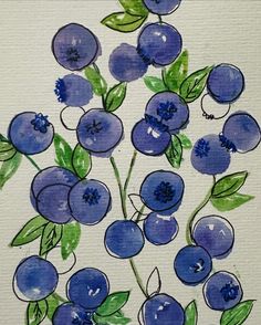 a painting of blueberries with green leaves