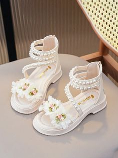 Children's Flat Princess Sandals With Flower Embellishments, Pearl Detailing, Zipper Closure, Thick High-Top Summer Shoes For Little, Girls Beige Fashionable    Plants    Kids Shoes, size features are:Bust: ,Length: ,Sleeve Length: Princess Sandals, Flower Embellishments, Kids Flats, Girls Flats, Princess Shoes, Children Shoes, Girls Sandals, Kids Sandals, Top Summer