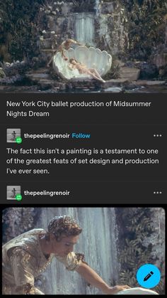 an image of a woman in the water with text below it that reads new york city ballet production of midsummer nights dream