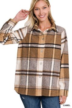 YARN DYED PLAID SHACKET- HI-LOW HEM- LINES GOING ACROSS HORIZONTALLY ALIGN PERFECTLY WHEN BUTTONS ARE CLOSEDTOTAL BODY LENGTH: 27.5"(FRONT), BUST: 44" approx.- MEASURED FROM SMALL* COLOR MAY VARY SLIGHTLY DUE TO MONITOR RESOLUTIONMade In: IMPORTEDFabric Contents: 80% POLYESTER 20% COTTON Non-stretch fabric Non-sheer fabric Size Measurement (inch):Dimensions (inch): Plaid Shacket, Athletic Pants, Workout Jacket, Sheer Fabrics, Yarn Dyeing, Plaid Pattern, Long Tops, Short Tops, T Shirt Top