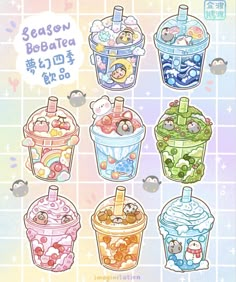 various cartoon ice creams and drinks on a tiled surface with japanese characters in the background