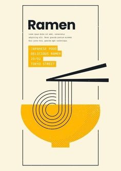 an advertisement for ramen with chopsticks and noodles on the bowl in yellow