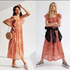 Free People Bonita Printed Midi Dress Size Small New With Tags - Nwt Semi-Sheer Separate Underslip Tiered Design Short Flutter Sleeves Boat Neck W/ Track Venting Detail Floral Print Pattern Throughout 100% Cotton W/ 100% Modal Slip Midi-Length Tags: Boho - Spell- Cottagecore - Perfect Fall Holiday Dress Casual Orange Ruffled Maxi Dress, Casual Orange Maxi Dress With Ruffles, Casual Orange Midi Dress For Daywear, Orange Bohemian Dress For Daywear, Bohemian Orange Dress For Daywear, Flowy Orange Dress For Daywear, Mesh Floral Dress, Sheer Lace Dress, Boho Tunic Dress