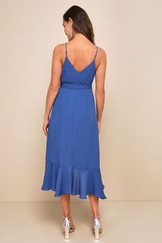 No matter the city your soiree is in, the Lulus Manhattan Moment Blue Ruffled Midi Wrap Dress is your perfect plus one! Lightweight woven fabric sweeps from adjustable spaghetti straps, into a darted bodice atop a midi wrap skit with cascading ruffles that trims the wrap silhouette and the high-low hem. Waist secures via a tying sash belt for an adjustable fit. Fit: This garment fits true to size. Length: Mid-calf length. Size medium measures 42.5" from adjustable straps to hem. Bust: Great for Elegant Flowy Midi Dress With Adjustable Straps, Blue Dress With Ruffled Straps For Date Night, Blue Midi Dress With Adjustable Straps For Brunch, Flowy Spaghetti Strap Midi Dress For Date Night, Blue Midi Dress With Adjustable Straps, Elegant Blue Midi Dress With Adjustable Straps, Blue Midi Dress With Spaghetti Straps And Ruffles, Blue Midi Dress With Ruffles And Spaghetti Straps, Blue Dress With Adjustable Straps For Dress Down