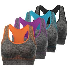 PRICES MAY VARY. PREMIUM MATERIAL:Nylon 85%, spandex 10%, polyester 5%. Padded Seamless Racerback Sports Bra are made of super soft and super comfortable fabric,breathable, good strength, excellent durability. BREATHABLE AND COMFORTABLE: Breathable quick-drying fabric makes you completely trust exercise,from the gym to date.And the sports bra material is soft and comfortable---the relaxed feeling, is what we would like to give you comfort. FASHION DESIGN:Pull on closure,racer back design make yo High Impact Workout, Comfy Bra, High Impact Sports Bra, Racerback Sports Bra, Women Sports, Yoga Gym, Yoga Bra, Accessories Clothing, Workout Gym