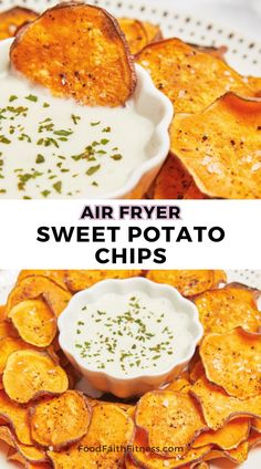 air fryer sweet potato chips on a plate with ranch dip in the middle and another side dish