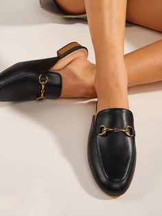 Metal Decor Loafer Mules | EMERY ROSE Mules Outfit, Black Mules, Black Loafers, Retro Sneakers, Loafer Mules, Black Leather Heels, Gucci Mules, Comfortable Sandals, Trendy Fashion Women