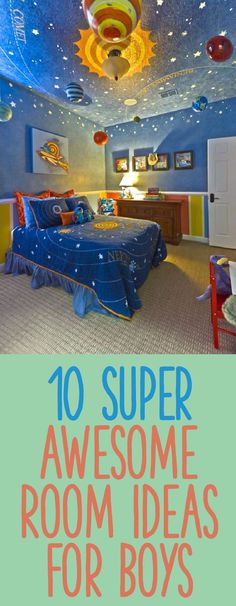 the bedroom is decorated in blue and yellow with stars on the ceiling, and there are toys