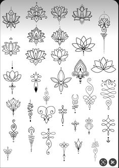 the lotus tattoo design is shown in black and white, as well as other designs