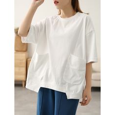 Fabric Type: BroadclothMaterial: Cotton,PolyesterItem Type: TopsSleeve Length(cm): ShortGender: WOMENStyle: CasualSeason: SummerPattern Type: SolidFit Type: LooseCollar:O-NeckOne size/cm:  Length:63; Bust:126; Sleeve:21; Shoulder:59 Oversized Cotton T-shirt With Batwing Sleeves, Baggy Crew Neck Cotton Top, Baggy Cotton Crew Neck Top, Baggy Cotton Short Sleeve Tops, Baggy Crew Neck Summer Top, Baggy Crew Neck Top For Summer, Casual Cotton Tops Loose Fit, Casual Cotton Tops With Loose Fit, Casual Loose Fit Cotton Tops