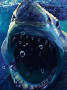 a painting of a shark with its mouth open