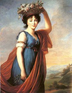 a painting of a woman wearing a blue dress and holding a flower in her hair