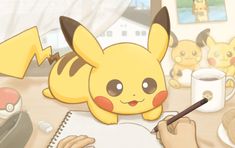 a person writing on a piece of paper in front of a cartoon pikachu