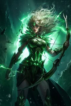 a woman dressed in green holding a bow and arrow with lightning coming out of her chest