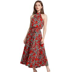 Elevate your summer wardrobe with the Anna-Kaci Women's Halter Neck Belted Ruffle Floral Print Maxi Dress ‚Äì a delightful blend of chic design and comfort. This maxi dress features a charming halter neck design, creating a sleeveless and look that opens up the arms. The dress is adorned with a vibrant floral print, adding a touch of femininity and flair. The cinched waist enhances your silhouette, and the below-knee length provides a perfect balance of style and comfort. Crafted from 100% soft Red Ruffled Maxi Dress For Garden Party, Red Summer Maxi Dress For Garden Party, Red Maxi Dress For Summer Garden Party, Spring Red Midi Beach Dress, Spring Red Midi Dress For Beach, Red Midi Dress For Spring Beach, Red Midi Dress For Spring Beach Outings, Red Midi Dress For Summer Day Out, Red Halter Neck Dress For Garden Party