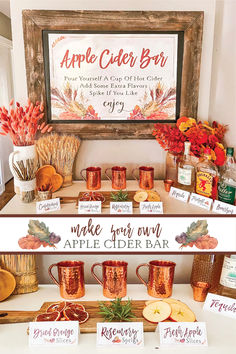 an apple cider bar set up with apples, cinnamons and other items on the table