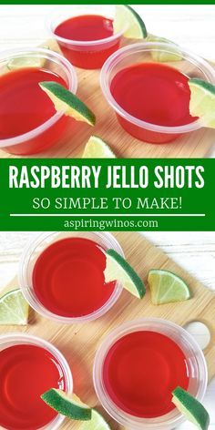 raspberry jello shots in small plastic cups with limes on the side