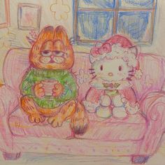 a child's drawing of a hello kitty sitting on a couch next to a teddy bear