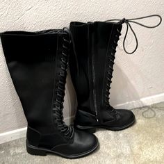 Black Stretch Knit Size 8w Boots From Torrid-Never Worn, Side Zipper, Lace Up Accent, Slight Chunky Sole Black Wide Calf Knee-high Lace-up Boots, Black Synthetic Knee-high Lace-up Boots, Black Synthetic Lace-up Knee-high Boots, Black Knee-high Lace-up Boots Medium Width, Black Medium Width Knee-high Lace-up Boots, Black Knee-high Combat Boots Medium Width, Casual Black Knee-high Combat Boots, Black Stretch, Shoes Black