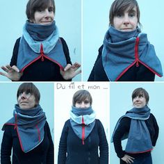 four different pictures of a woman wearing a scarf