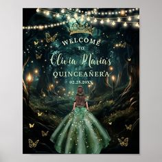 there is a poster with a girl in a green dress and lights on the wall