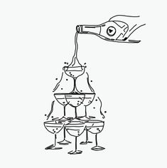 a drawing of wine being poured from a bottle into three glasses, with another glass in the foreground