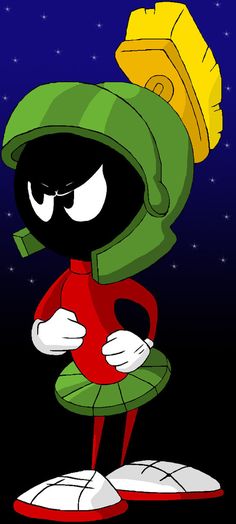 marvin the martian cartoon character in red and green outfit with yellow helmet on his head