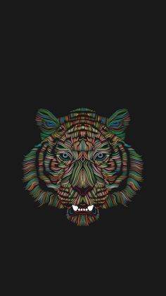 a colorful tiger's face on a black background