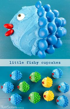 some little fishy cupcakes that are made out of cake icing and fondant