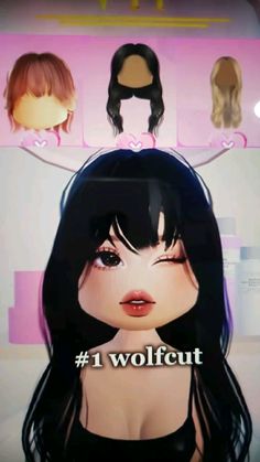 an animated girl with long black hair and two different types of wigs on her head