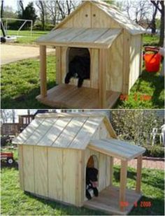 two pictures of a dog house made out of wood