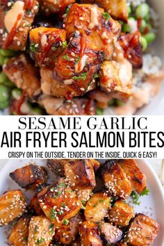 Sesame Garlic Air Fryer Salmon Bites recipe Air Fryer Salmon Bowl With Spicy Mayo, Asian Salmon Air Fryer Recipes, Crispy Sesame Salmon Bites, Sesame Salmon Bites, Spicy Maple Salmon Bites, Sesame Salmon Bowl, Crispy Salmon Bowl Air Fryer