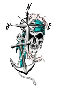 a skull with a cross and anchor on it's head is depicted in this tattoo design