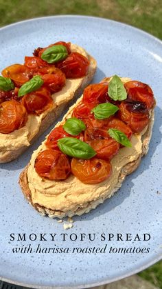 two slices of bread topped with tomatoes and basil on a blue plate in the grass