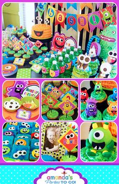 a collage of pictures with cakes, cupcakes and other items for a birthday party