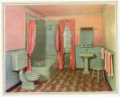 an old fashioned bathroom with pink walls and tile flooring is shown in this postcard