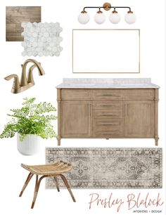 a bathroom design board with white and wood accents