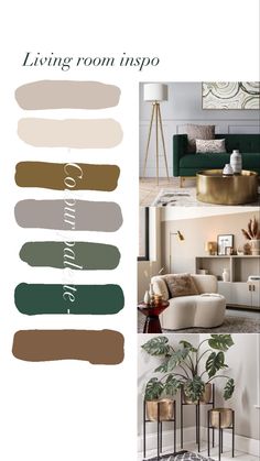 the living room color scheme is shown in different colors and sizes, including beiges, green