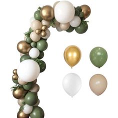 the balloon arch is decorated with gold, white and green balloons