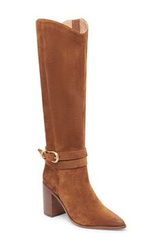 A buckled strap wraps around the ankle of a knee-high boot balanced by a pointy toe and stacked block heel. 3 1/4" heel 14" shaft; 15 1/4" calf circumference. Regular calf 14" shaft; 17 1/4" calf circumference. Wide calf Side zip closure with elastic gore inset Leather upper/synthetic lining and sole Made in Brazil Ankle Strap Heeled Boots For Workwear In Fall, Elegant Knee-high Boots With Buckle For Fall, Elegant Fall Knee-high Boots With Buckle Closure, Fall Knee-high Boots With Buckle Closure, Chic Wide Calf Heeled Boots With Buckle, Chic Wide Calf Heeled Boots With Buckle Closure, Chic Knee-high Heeled Boots With Buckle Closure, Casual Fall Jacket, Buckled Boots