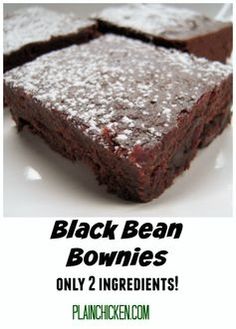 black bean brownies on a white plate with text overlay that reads, black bean brownies only 2 ingredients