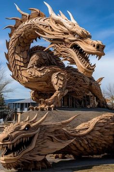 a large wooden dragon statue sitting on top of a sandy beach