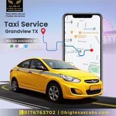 a taxi service advertisement with a yellow car on the road and map in the background