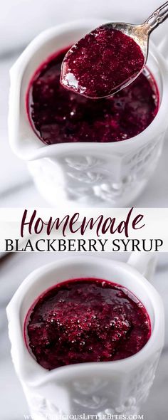 homemade blackberry syrup in white bowls with spoon