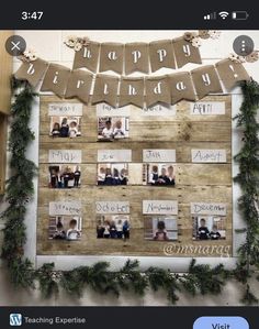 a wooden board with photos and garlands on it