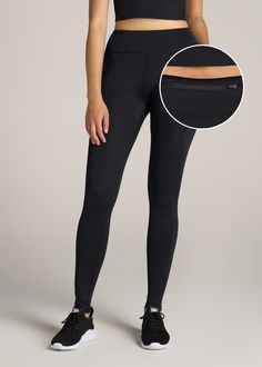 American-Tall-Women-Performance-Pocket-Leggings-Black-front Tall Leggings, Leggings With Pockets, Sweat It Out, Performance Leggings, Gym Running, Pocket Leggings, Elastic Waist Pants, Tall Women, At The Gym