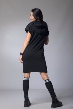 "Casual Cotton Dress, Knee Length Dress If your style is casual and you like effortless dressing, this cotton dress is just what you need to add to your collection. It has a minimal and uncomplicated design with a simple silhouette, which will make it your go-to dress now and then. The soft and breathable cotton fabric makes it a summer essential, and you'll love styling it up. 🌀 Materials & Care Cotton-100% Polyester elements Hand washes inside out with similar color clothes in cold water. Black Hooded Cotton Dress, Relaxed Fit Cotton Dress For Winter, Oversized Knee-length Cotton Dress, Casual Cotton Stretch Mini Dress, Casual Stretch Cotton Mini Dress, Cotton Dresses For Streetwear, Sporty Cotton Dress With Short Sleeves, Casual Fall Streetwear Dresses, Knee-length Cotton Mini Dress For Winter