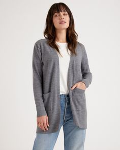 This classic women's cardigan is made from luxurious 100% Australian merino wool. It features a smooth and soft texture with a flattering silhouette. A high-quality, comfy piece made for easy layering. Pretty Cardigans, Best Cardigans, Cotton Sweaters, Silk Tee, Alpaca Cardigan, Perfect Cardigan, Warm Cardigan, Cardigan Design, Merino Sweater