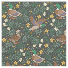 an image of ducks and flowers on a gray background with yellow daisies in the foreground