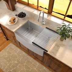 a kitchen sink sitting on top of a counter next to a potted plant